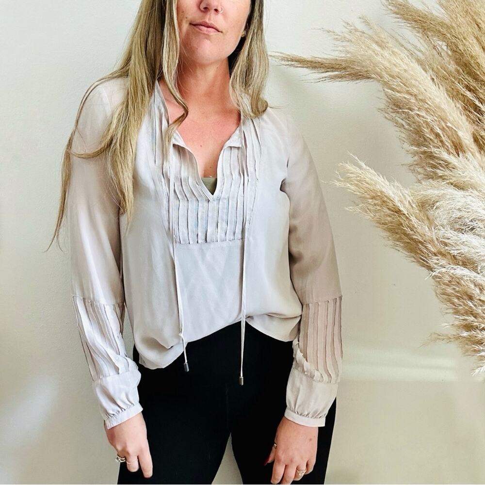 GOSILK Beige Tan Silk Pleat Mesh Long Sleeve Tie Tassel Boho Blouse Shirt Top S